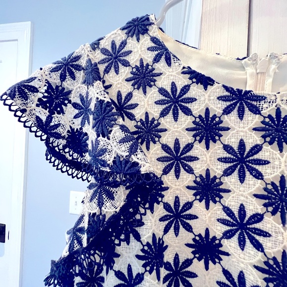 Shoshanna Embroidered Ruffled Dress in Dark Navy and White - Picture 4 of 5